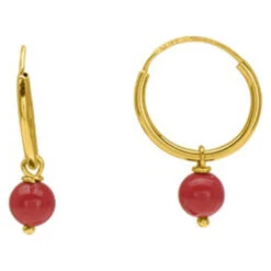 Boucles D'oreilles Perles Rouge - Créoles - Or Jaune 9ct