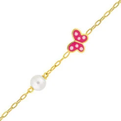 Bracelet Papillon Rose Avec Perle - Or Jaune 9ct