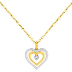Collier Pendentif Double Coeur - Diamant & Or Jaune 9ct
